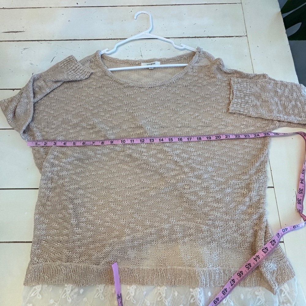 UMGEE Oversized Open Knit Lace Ruffle Sweater Women’s Large Beige Tunic Top - Picture 7 of 10
